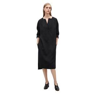 COS‎ Black Long Smock V Neck Pocket Loose Minimalist Tunic Shirt Midi Dress Sz 8